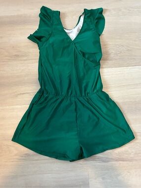 Women's Emerald Green One-Piece Swim Romper with Ruffle Sleeve